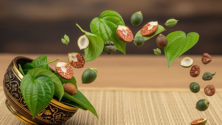 Floating betel leaves and areca nuts suspended in air above golden bowl. Creative concept on woven bamboo mat backgroundの素材
