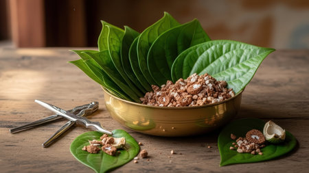 Golden bowl filled with crushed areca nut, fanned betel leaves, nutcracker, traditional preparation, mastication ingredients, cultural practiceの素材