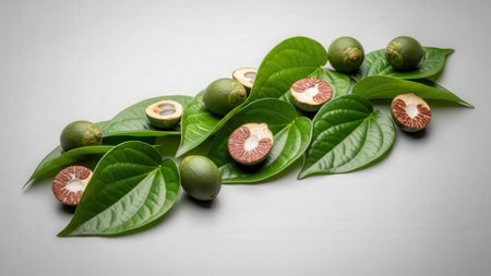 Ripe green areca nuts, lush betel leaves, artistic arrangement, sliced nuts, tropical plant, preparation for chewing, natural combinationの素材