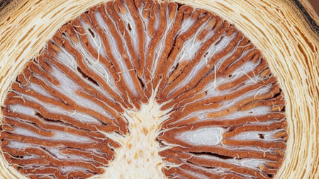 Detailed cross section view of an areca nut showing fibrous internal structure and rich texture background abstract patternの素材