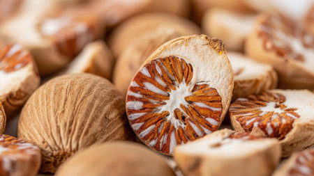 Close up view of dried areca nut halves exhibiting rich reddish brown fibers and white interior pulp textureの素材