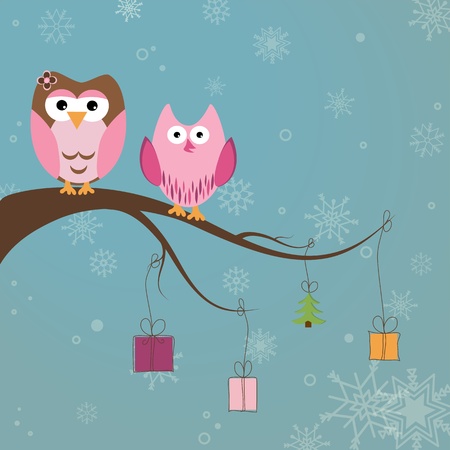 Christmas card with two cute owls on the tree branchのイラスト素材