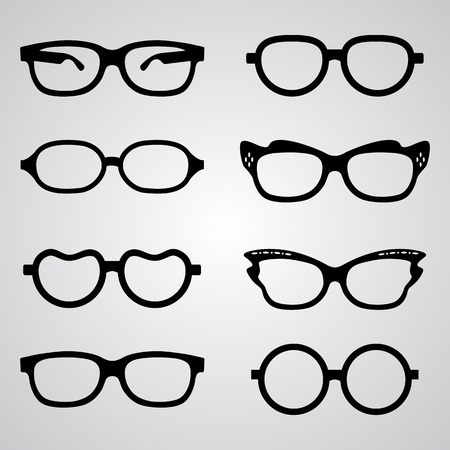 Set of glasses set with black thick holder retro hipster. Medical huge eye glasses silhouette collection. Sign of intelligence, secretary or school teacherのイラスト素材