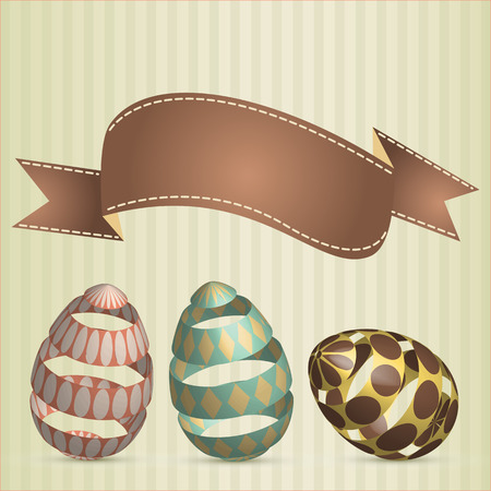 Vector colorful eggs with ribbon and place for your text. Vector illustration. Easter template design for greeting and invitation cards. Abstract 3D shape.のイラスト素材