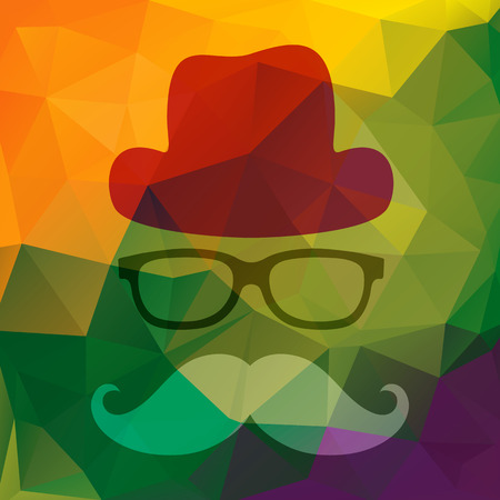 Vector illustration of an abstract man with glasses, hat and mustache. Abstract colorful triangles backgroundのイラスト素材