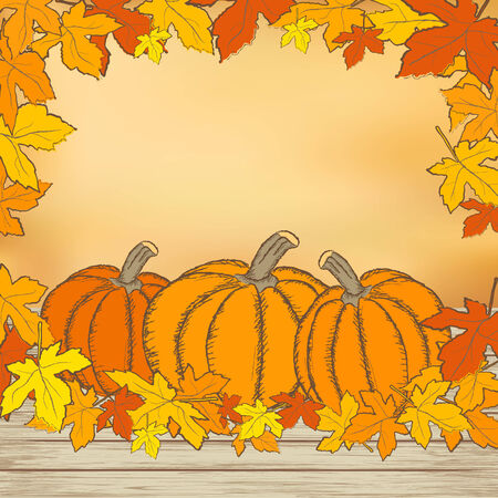 Pumpkins on wooden background with leaves. Autumn background. Mesh background. Vector.のイラスト素材
