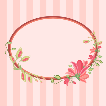 Beautiful greeting card with floral wreath. Striped background. Bright illustration, can be used as creating card, invitation card for wedding,birthday and other holiday and cute summer background.のイラスト素材
