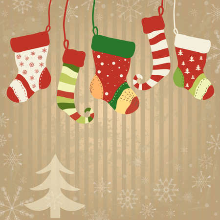 Christmas greeting card with hanging socks. Old papper texture with snowflakes and tree. Vector illustrationのイラスト素材