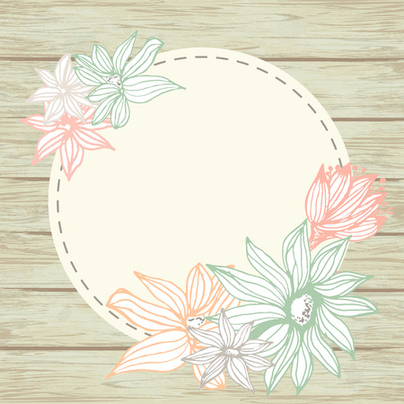 Floral card on wooden background. Cute retro flowers arranged un a shape of the wreath perfect for wedding invitations and birthday cards. Vector illustrationのイラスト素材