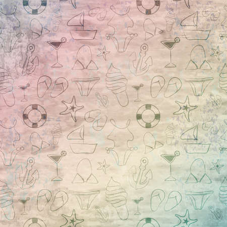 Grunge retro vintage wooden texture, vector background with funny pattern with sketch summer elementsのイラスト素材