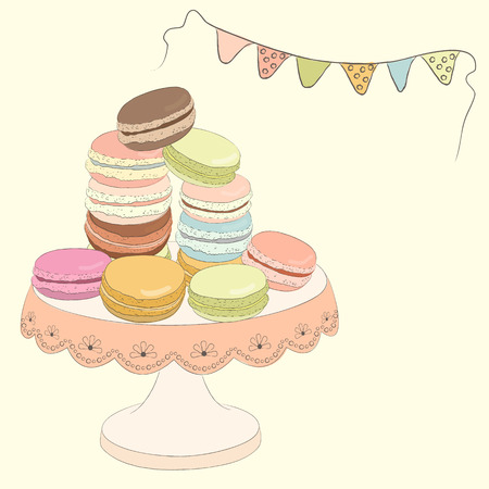 Set of colorful doodle macaroon on plate. Sketch macaroon. Macaroons handmade. Objects for design. French dessert. Cute macaroon with doodles. Vector illustration.のイラスト素材