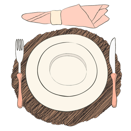 Informal vector table setting. Tableware and eating utensils are set at the table for serving. Simply style place setting or table setting or laying a table) are for casual dining.のイラスト素材