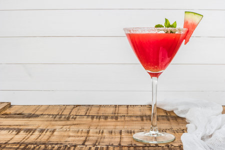 Watermelon juice with mint leaves on wooden vintage backgroundの写真素材