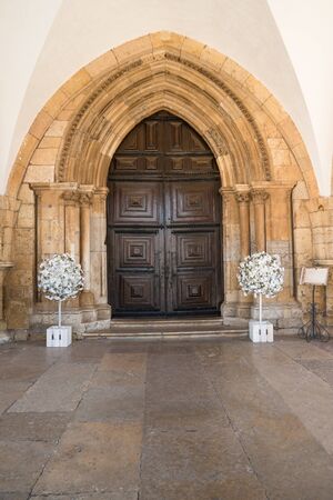 View of the entry arch of the Cathedral of Faro located in Faro, Algarve, Portugal.The Cathedral of Faro (Se de Faro) is a Roman Catholic cathedral.の写真素材