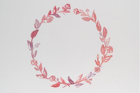 Watercolor floral wreath hand painted illustration. Natural frame with leaves  and flowers. Isolated on white background. Save the date wedding design greeting cardの写真素材