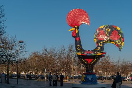 BARCELOS, PORTUGAL - CIRCA JAUARY 2019: View at the Pop Galo at night, public art inspired in the Barcelos cock, cosidered one of the most important symbols of Portuguese popular cultureのeditorial素材