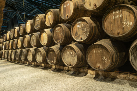 Row of wooden porto wine barrels in wine cellar Porto, Portugal.