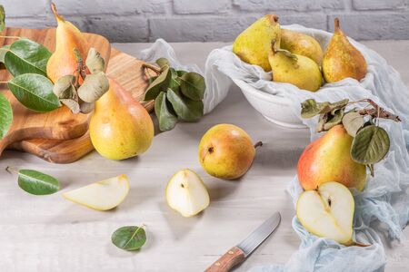 Fresh organic pears. Fruit background. Pear autumn harvest.の写真素材