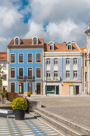 Architectural detail of the facade with ceramic tiles in Ovar, Aveiro, Portugal. Typical houses of the cityの写真素材