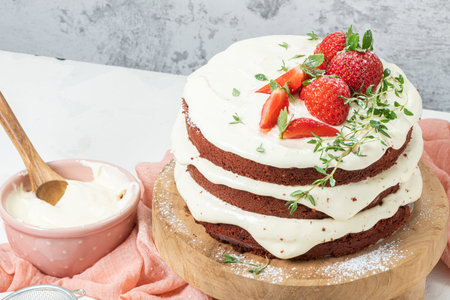Red velvet cake on wood board. Strawbwrry cake. Devils cake. Wedding dessert. Birthday party....