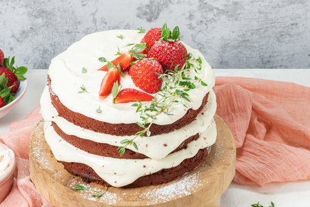 Red velvet cake on wood board. Strawbwrry cake. Devils cake. Wedding dessert. Birthday party....