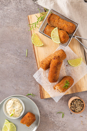 Meat croquets with garlic mayonnaise, lime slices to season and rosemary leaves on wooden table in a kitchen counter top.の写真素材
