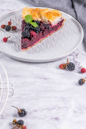 Sliced blackberries pie. Pie in summer with fresh picked wild blackberries.の写真素材