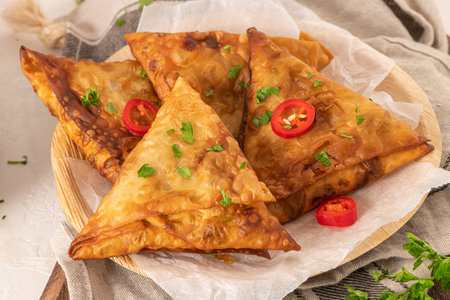 Indian samosas - fried or baked pastry with savoury filling, popular Indian snacks, served with...