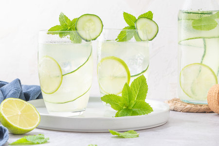 Refreshing infused water with cucumber, mint and lime. Summer drink cocktail lemonade. Healthy drink...