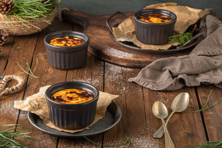 Creme brulee. Bowls with French vanilla cream dessert with caramelized sugar on top, spoons, dark...