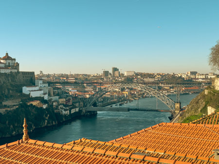 Beautiful landscape view on the old town with river and roofs in Porto city, Portugalの写真素材