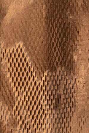 Honeycomb environmental friendly paper hexagonal shape made of cardboard recycled craft paper background lightweight bubble wrapping two split creased brown paper strength for protectiveの写真素材