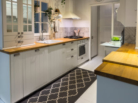 Blurred Background of home Kitchen with Light Bokeh.の写真素材