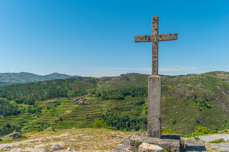 Viewpoint of the Terraces (Miradouro dos Socalcos), overlooking the Agricultural terraces (famous Tibet style landscape view), Porta Cova place, Sistelo, Arcos de Valdevez, Portugal.の写真素材