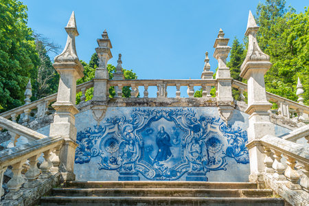 LAMEGO, PORTUGAL - CIRCA MAY 2019: Azulejo decorated stairway to the Sanctuary of Our Lady of Remedios in Lamego - Portugalのeditorial素材