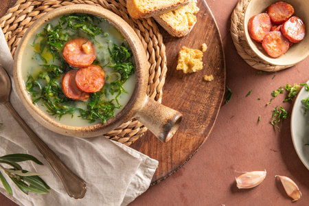 Caldo verde popular soup in Portuguese cuisine. Traditional ingredients for caldo verde are potatoes, onion, garlic, collard greens, chorizo , olive oil and salt. Is a comfort soup and is typically served with cornbreadの写真素材