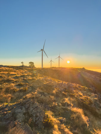 Lansdcape with wind turbines. Renewable energy on the middle of Serra da Freita Arouca Geopark, in center of Portugalの写真素材