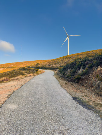 Lansdcape with wind turbines. Renewable energy on the middle of Serra da Arada Arouca Geopark, in center of Portugalの写真素材