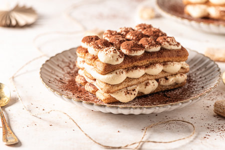 Tradition italian layered dessert tiramisu with mascarpone cream and ladyfingers biscuits sprinkled with cocoa powder on a white backgroundの写真素材