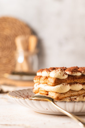 Tradition italian layered dessert tiramisu with mascarpone cream and ladyfingers biscuits sprinkled with cocoa powder on a white backgroundの写真素材