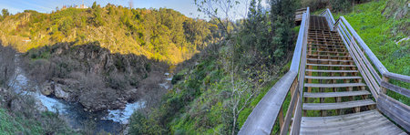 Walkways along the Corgo River in Vila Real in northern of Portugal. Panorama view