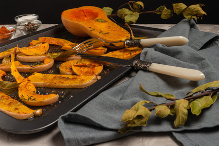 Baked pumpkin slices with spices and bay leaves on a dark baking sheet. Selective focus.の写真素材