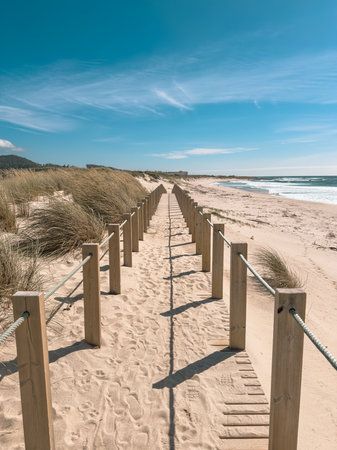 Duna do Caldeirao Beach walkways, path of Santiago, with Vila Praia de Ancora in background. Viana do Castelo district, north of Portugalの写真素材
