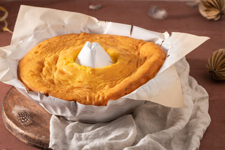 PÃ£o de Lo de Alfeizerao. The traditional Portuguese sponge cake wrapped in the typical paper used in the baking on kitchen countertop decorated with paper eggs, feathers and willow branches. Copy spaceの写真素材