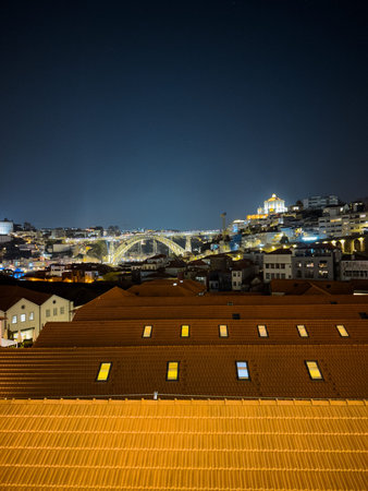 A stunning night view of Porto, Portugal, showcasing the iconic Dom LuÃ­s I Bridge illuminated...