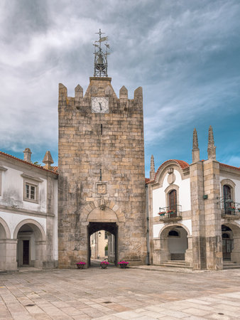 Caminha city hall and clock tower, in Minho, Portugal. Caminha, Viana do Castelo district in north of Portugal.の写真素材