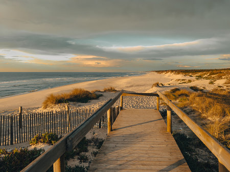 A sunset at Furadouro beach, Ovar, Aveiro region of Portugal.の写真素材