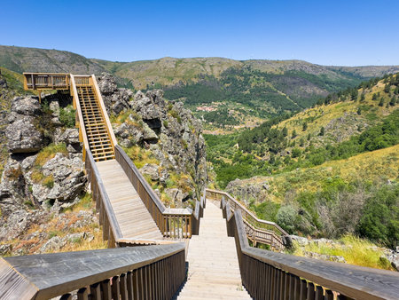 Landscape of the Mondego Walkways along the Mondego river valley with the surrounding Serra da...