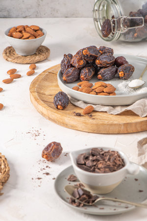 Medjool dates, almonds and spoonful of shredded coconut on a plate with a wooden board, surrounded by scattered almonds, dates, and chocolate chunks, creating a rustic and appetizing sceneの写真素材