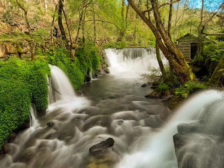 A scenic view of Bugio River's natural waterfall cascading amidst lush greenery and trees, with a small stone structure nearby in Jugueiros, Felgueiras, Portugalの写真素材